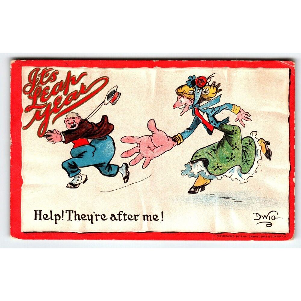 It's Leap New Year Postcard Dwig Big Handed Women Embossed 1910's Gabriel 401